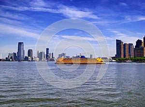 Staten island ferry with Lower Manhattan background