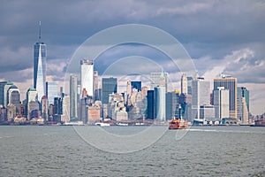 Staten Island Ferry and Lower Manhattan Skyline - New York, USA