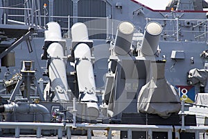 Harpoon cruise missile launchers on the deck of US Navy destroyer during Fleet Week 2012