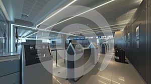 A stateoftheart boarding gate with virtual boarding passes and biometric scanners making the boarding process quick and photo