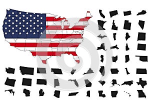 States of America territory on white background. USA flag. Separate states. Vector illustration