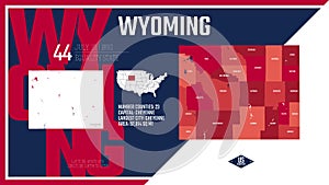 44 of 50 states of the United States, divided into counties with territory nicknames, Detailed vector Wyoming Map with name and photo