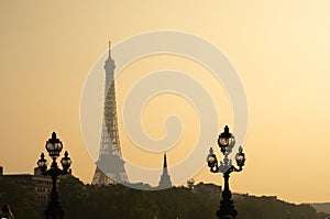 Static shot of Alexandre III bridge during sunset in Paris. Eiffel Tower in the background