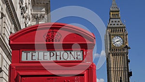 Static shot of a red telephone box with Big Ben behind