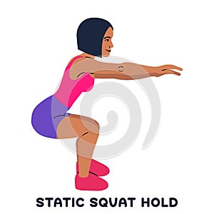 Static squat hold. Squat. Sport exersice. Silhouettes of woman doing exercise. Workout, training photo