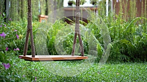 Static Swing without movement in the garden with blurs fern background.