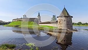 Static view on Ploskaya tower in Pskov