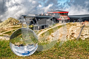 Station of cableway through lens ball. Hill Chopok at resort Jasna in Low Tatras mountains