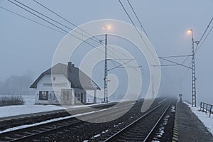 Station Spisske Tomasovce in fog morning