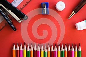 Stationaries on red background