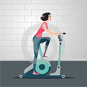 Stationary bicycle. Young woman is cycling on a exercise bike. Indoor exercise cartoon flat illustration. Sport people