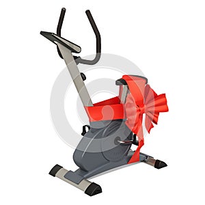 Stationary exercise bike with bow and ribbon, gift concept. 3D r