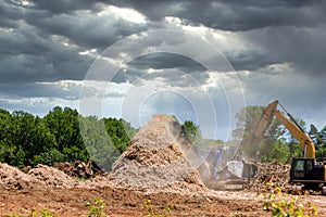 A stationary industrial shredder shreds wood chips from roots in the shredding machine of a work conveyor.