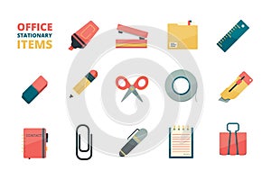 Stationary items. Business office tools paper folder pencil eraser pen paper clip stapler marker vector flat icons