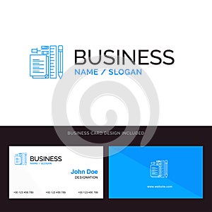 Stationary, Pencil, Pen, Notepad, Pin Blue Business logo and Business Card Template. Front and Back Design photo