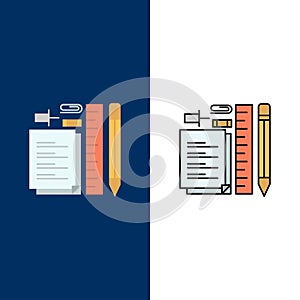 Stationary, Pencil, Pen, Notepad, Pin  Icons. Flat and Line Filled Icon Set Vector Blue Background photo