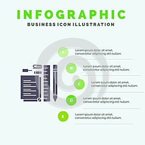 Stationary, Pencil, Pen, Notepad, Pin Solid Icon Infographics 5 Steps Presentation Background