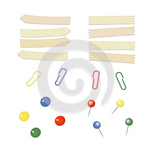 Stationary pin. Straight color pins. Thumbtack. Adhesive tape. Vector illustration