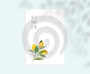 Stationary Template with Lemon Fruits, Leaves and Flowers on White Paper Sheet. Summer Botanical Design