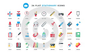 Stationary trendy flat icons set, glue and scissors, staple and ruler, calculator and ruler