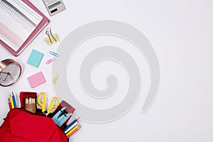 Stationeries and office supplies on white background. Flat lay.