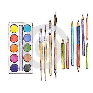 Stationery, art materials, set of paint brushes