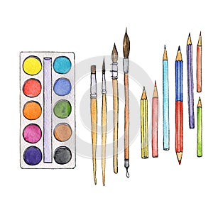 Stationery, art materials, set of paint brushes photo