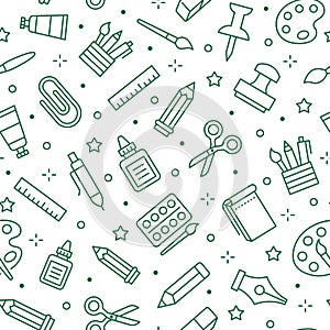 Stationery background, school tools seamless pattern. Art education wallpaper with line icons of pencil, pen, paintbrush