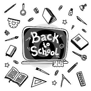 Stationery collection. Outline style. Back to school thin line vector doodle illustration template isolated on white