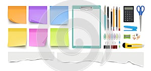 Stationery collection. Realistic pen pencil, notes sheets. Isolated scissors, paper clips and ripped edge pieces vector