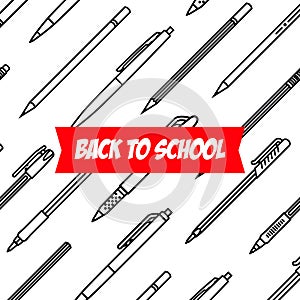 Stationery collection. Writing tools. Pens and Pencils pattern. Outline style. Pencil and pens thin line vector icons