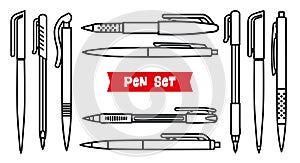 Stationery collection. Writing tools. Pens set. Outline style. Ballpoint thin line vector icons. Biro, Fountain pen, gel