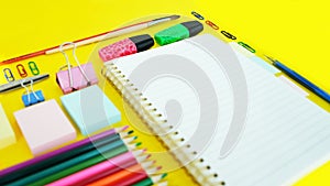 Stationery colorful writing tools accessories pens pencils, color paper. Back to school. Office supplies products