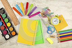 Stationery colorful writing tools accessories pens pencils, color paper. Back to school. Office supplies products