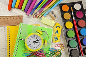 Stationery colorful writing tools accessories pens pencils, color paper. Back to school. Office supplies products