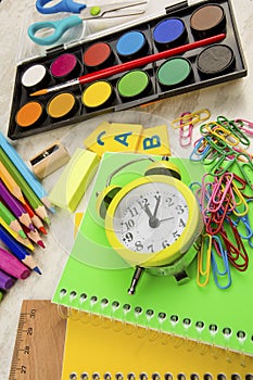 Stationery colorful writing tools accessories pens pencils, color paper. Back to school. Office supplies products