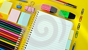 Stationery colorful writing tools accessories pens pencils, color paper. Back to school. Office supplies products. Top