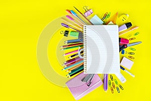 Stationery colorful writing tools accessories pens pencils, color paper. Back to school. Office supplies products. Top