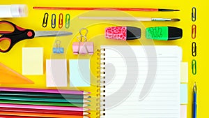 Stationery colorful writing tools accessories pens pencils, color paper. Back to school. Office supplies products. Top