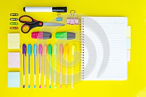 Stationery colorful writing tools accessories pens pencils, color paper. Back to school. Office supplies products. Top