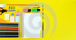 Stationery colorful writing tools accessories pens pencils, color paper. Back to school. Office supplies products. Top