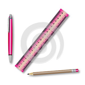 Stationery element ruler, pencil and ballpoint