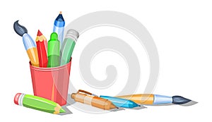 Stationery in a glass. Tools for art creativity and drawing. Childrens cartoon style. Brushes and pencils. Isolated on