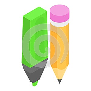 Stationery icon isometric vector. Green marker and orange pencil with eraser
