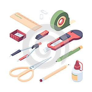 Stationery items set. Color kit for colorful art, school pencil, paper clip, glue, scissors, eraser, ruler, sharpener