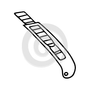 Stationery knife in doodle style. black and white vector illustration. Knife with interchangeable blade for cutting and