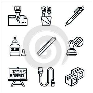 stationery line icons. linear set. quality vector line set such as box, usb cable, whiteboard, stamp, ruler, glue, pen, paint