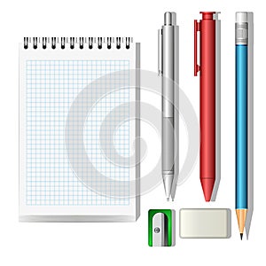 Stationery mockup set 3d objects isolated on white background vector clip art illustration, kit office supplies items on table,
