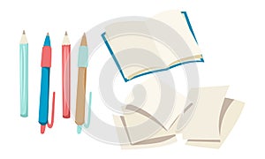 Stationery, open book, pencils and pens, blank pages. Vector illustration
