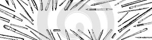 Stationery. Pens, pencils and brushes. Outline hand drawing. Isolated vector object on white background. A sketch with a felt-tip